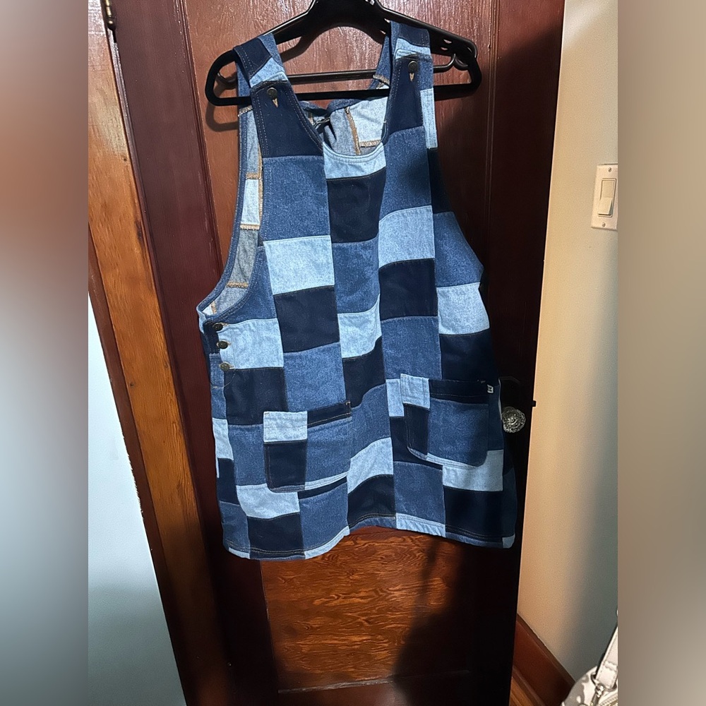 Lucy & Yak Patchwork Denim Mini Dress in Light and Dark Blue